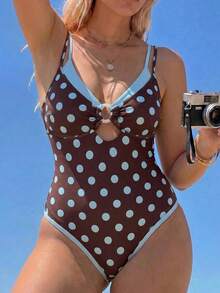 Swim Mod Baju Renang Wanita Model One-Piece Ukuran Plus Musim Semi/Panas Terbaru 2026 Motif Polkadot Acak, Leher Bulat Lebar, Desain Cincin Putih di Bagian Tengah Depan, Tali Bahu Dua Warna yang Dapat Dilepas, Cocok untuk Liburan di Pantai - MultiWarna - View 5