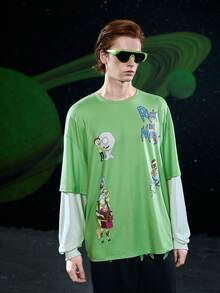 Rick and Morty X SHEIN 1pc Cartoon & Letter Graphic Drop Shoulder 2 In 1 Tee - Lime Green - View 9