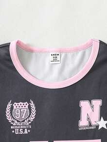SHEIN Elladie kids 青少年女孩夏季新款美式運動風兩件套，黑色底色配對比粉色滾邊T恤，胸前印有「67 SIX SEVEN」字母與數字，徽章與「N」星形細節，粉色梭織面料工裝寬腿褲 - 彩色 - 查看 4