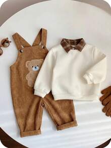 Baby Boy Cartoon Bear Pattern Corduroy Romper - Brown - View 6