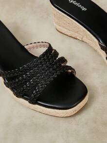 Styleloop Women's Hemp Rope Straw Weave Wedge Heel Black Weave Women's Weave Heel Sandals Hemp Rope Shoes Boho Music Festival Suitable For Going Out On Vaca - Black - View 5