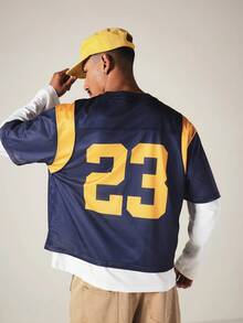 SUMWON Oversized Mesh Football Jersey With Gold Color Block Panels Script Logo Front Number 23 Back Crew Neck Short Sleeve Top,Oversized Jerseys For Men - Royal Blue - View 3