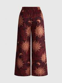 ROMWE Hippie Plus Size Dark Vintage Mysterious Star & Moon All-Over Print Long Pants - Red - View 2