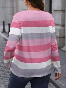 Plus Size Women's Striped Random Print Shoulder Button Round Neck Long Sleeve Pullover T-Shirt Tees Women Tops For Spring Fall - Multicolor - View 2