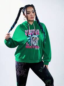 Rick and Morty X SHEIN Plus Size Letter & Cartoon Graphic Drop Shoulder Drawstring Sweatshirt - Green - View 1