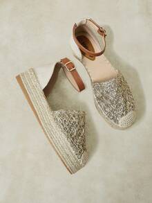 Styleloop Ladies Retro Gold Vacation Hollow Woven Pull-Up Belt Hemp Rope Platform Shoes - Gold - View 6