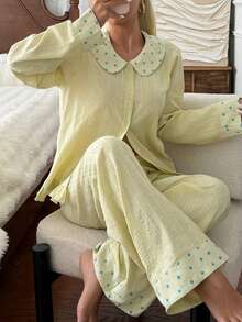 DAZY Women's Star Print Patchwork Top & Pants Pajama Set Fall - Green - View 12