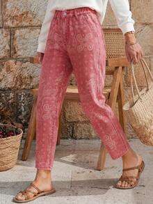 EMERY ROSE Celana Jeans Wanita Musim Panas Model Paperbag Waist Straight Leg Warna Pink Muda Gaya Boho - Merah - View 3