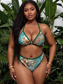 Slaydiva Bikini Dua Potong Ukuran Plus Wanita Musim Panas 2026 Terbaru, Bawahan Segitiga Pinggang Sedang Motif Leopard Leher V - MultiWarna - View 3