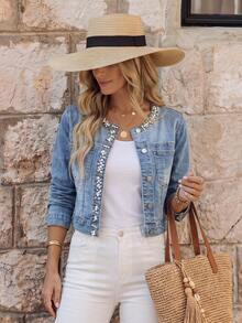EMERY ROSE Women's Faux Pearl Front Button Denim Jacket, Long Sleeve - Light Wash - View 1