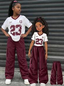 SHEIN Explorewe 2 件套 Tween Girl 美式插肩袖拼布图案 T 恤和工装裤，HYPEME Tween Girl - 紅色 - 查看 1
