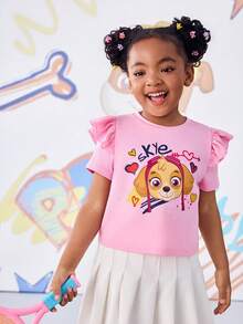 SHEIN | PAW Patrol 少女甜美可爱卡通字母爱心印花荷叶边短袖T恤，休闲日常通勤，夏季 - 粉色 - 查看 4