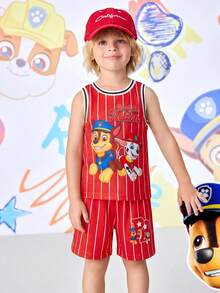SHEIN | PAW Patrol 小男孩圓領拼色條紋字母卡通印花T恤與短褲休閒日常套裝 - 紅色 - 查看 4