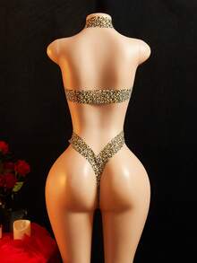 ChaseTheNight 1pc Leopard Print Trim Halter Fishnet Sheer Cutout Thong Bodysuit, Sexy Innerwear For Women - Multicolor - View 2