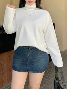 Dazy Plus Camiseta básica de manga larga de unicolor y cuello alto holgada, talla grande, color blanco, para primavera/verano/otoño, ropa de mujer de temporada - Blanco - Ver 6