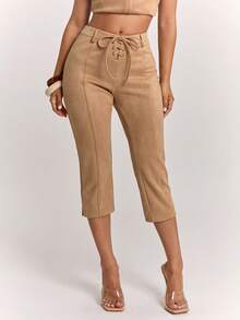 SHEIN BAE Women's Casual Elegant Commute Low Waist Capri Pants With Tie Design, Slim Fit, Camel Suede, Work Wear, Daily Wear Brunch Going Out Summer - Brown - View 5