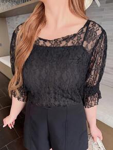 Bijouette Plus Size Black Lace Square Neck Puff Sleeve Blouse Ruffle Cuffs Ruched Slim Fit Women Slimming Versatile Elegant Brunch Birthday Summer - Black - View 3