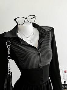 Elamini Jumpsuit Wanita 2 In 1 Motif Garis-Garis Musim Gugur dengan Kerah Kemeja Lengan Panjang - Hitam - View 3