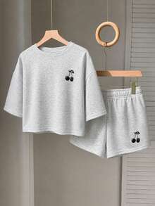 Aidyla Spring/Summer Cherry Print Short Sleeve Top & Elastic Waist Sports Shorts 2-Piece Set, Casual Everyday Versatile Fashion Commute Women's Outfit - Light Grey - View 7