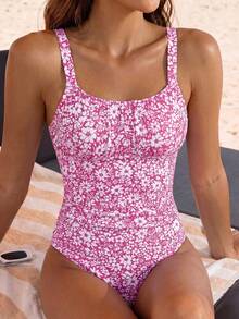 Swim Mod 女款全身印花連體泳衣，適合海灘度假、泳池派對、海灘派對 - 粉色 - 查看 6