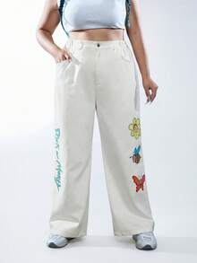 Rick and Morty X SHEIN Plus Cartoon & Letter Graphic Straight Leg Pants - Beige - View 1