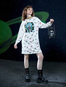 Rick and Morty X SHEIN 休閒卡通圖形下垂肩寬鬆連衣裙，春秋兩季款式 - 彩色 - 查看 6