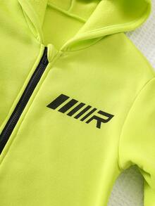 SHEIN Kids Young Boys Winter Warm Active Tracksuit With Bright Green Zipper Hoodie And Black Sweatpants Fall - Multicolor - View 4