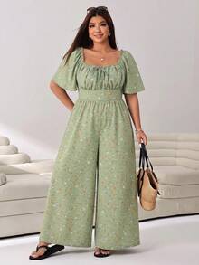Solflare Plus Size Women's Summer Square Neck All-Over Print Pleated Casual Daily Wear Jumpsuit Wide Leg Pants - Olive Green - View 4