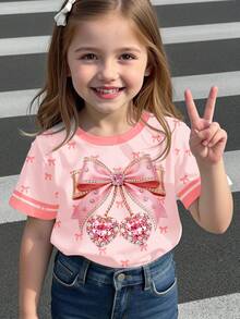 復古可愛粉色蝴蝶結鑽石印花，少女休閒極簡圓領短袖T恤，適合夏季、四季、戶外野餐、出遊、街拍、校園、慵懶風、返校季、Y2K、韓系 - 彩色 - 查看 3