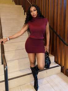 Slaydiva Burgundy Turtleneck Sleeveless Knit Women Bodycon Sweater Dress , Spicy Girl Matching Outfit Halloween Valentine Christmas New Year - Burgundy - View 11