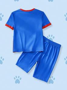 SHEIN | PAW Patrol 卡通印花撞色圆领短袖上衣和短裤睡衣套装，适合小男孩 - 藍色 - 查看 2