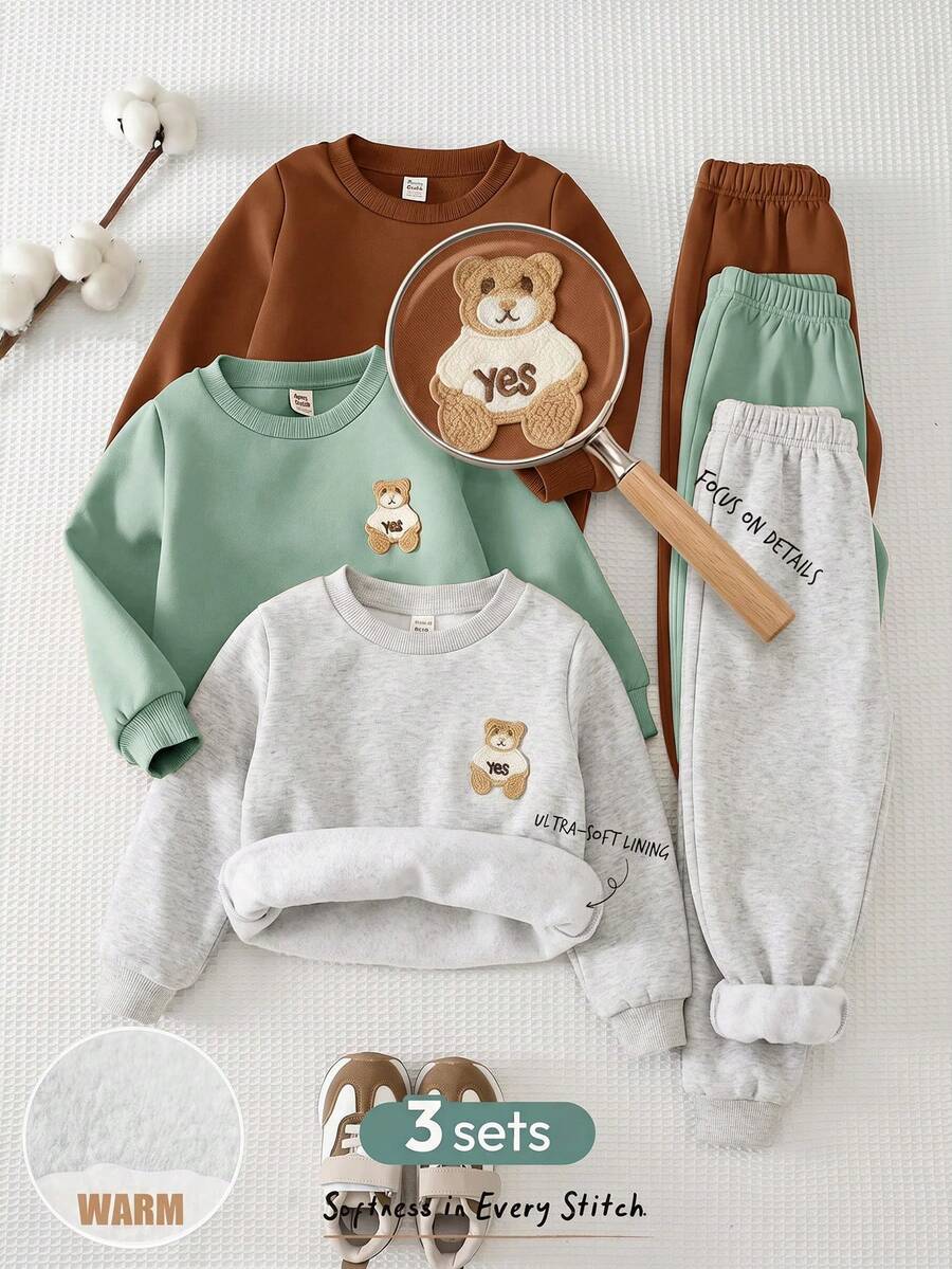 Cozy Pixies 小男孩 T-shirt 套裝,舒適休閒風格,兒童圓領長袖針織衛衣,可愛熊貼布,米色、杏色、黑色,運動長褲套裝,超高 CP 值套裝,買一得二,多件套裝適合外出、街拍、派對、休閒穿著 - 彩色 - 查看 1