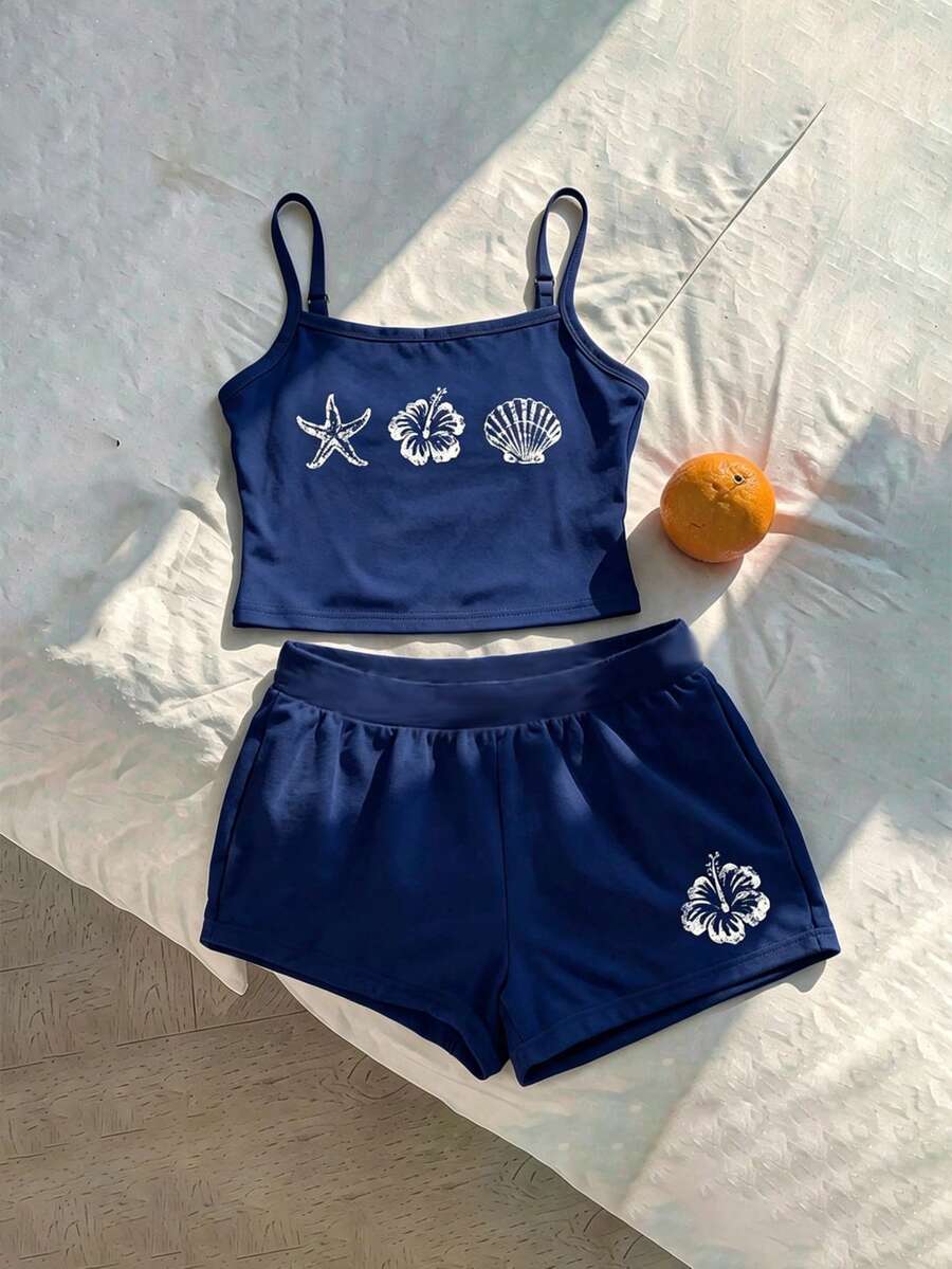 夏季夏威夷風情吊帶上衣與短褲兩件套,海軍藍海星貝殼與扶桑花印花,休閒度假風鬆緊腰短褲上衣套裝 - 彩色 - 查看 1