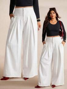 Elaquor Plus Size Casual Versatile Solid Color High Waist Wide Leg Jeans - White - View 3