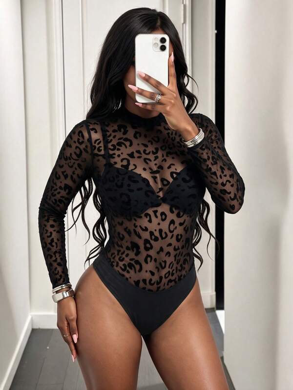 BamGleam Leopard Print Mesh Bodysuit (Undergarments Not Included) New Years Sexy Club Holiday Party Outfits Women