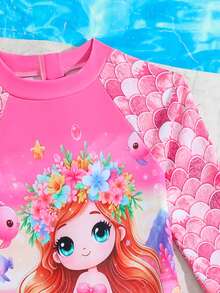 SHEIN Baby Girls One-Piece Swimsuit Mermaid Print Long Sleeve Long Pants Rash Guard Zipper Bathing Suit,Cute Cartoon Fish Scale Princess Swimwear Holiday - Pink - View 4