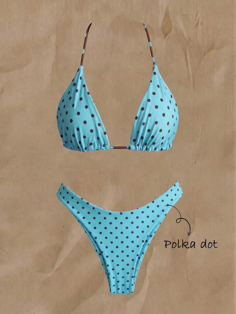 Swim Mod Women's Summer Vacation Beach Polka Dot Print Halter Bikini Set - Multicolor - View 1