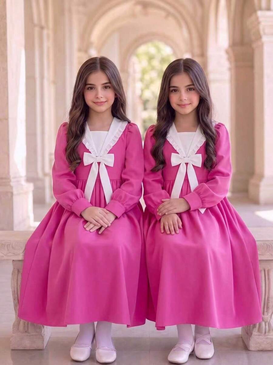 SHEIN فستان A-Line للبنات المراهقات للعودة إلى المدرسة، أبيض حلو مع ياقة بحارة وزينة فيونكة ثلاثية الأبعاد وأكمام منتفخة وردية - روز أحمر - مشاهدة 1