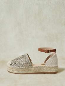 Styleloop Ladies Retro Gold Vacation Hollow Woven Pull-Up Belt Hemp Rope Platform Shoes - Gold - View 3