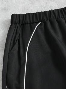 SHEIN 1件男士青少年保暖內裡加厚時尚簡約休閒運動風織帶設計拼接寬腿直筒梭織長褲，舒適面料，秋季新款，適合運動穿搭與多季節穿著 - 黑色 - 查看 5