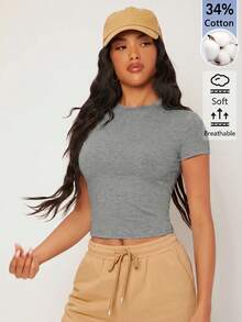 SHEIN BASICS 女款純色休閒圓領短袖短版T恤上衣 白色上衣 - 灰色 - 查看 5