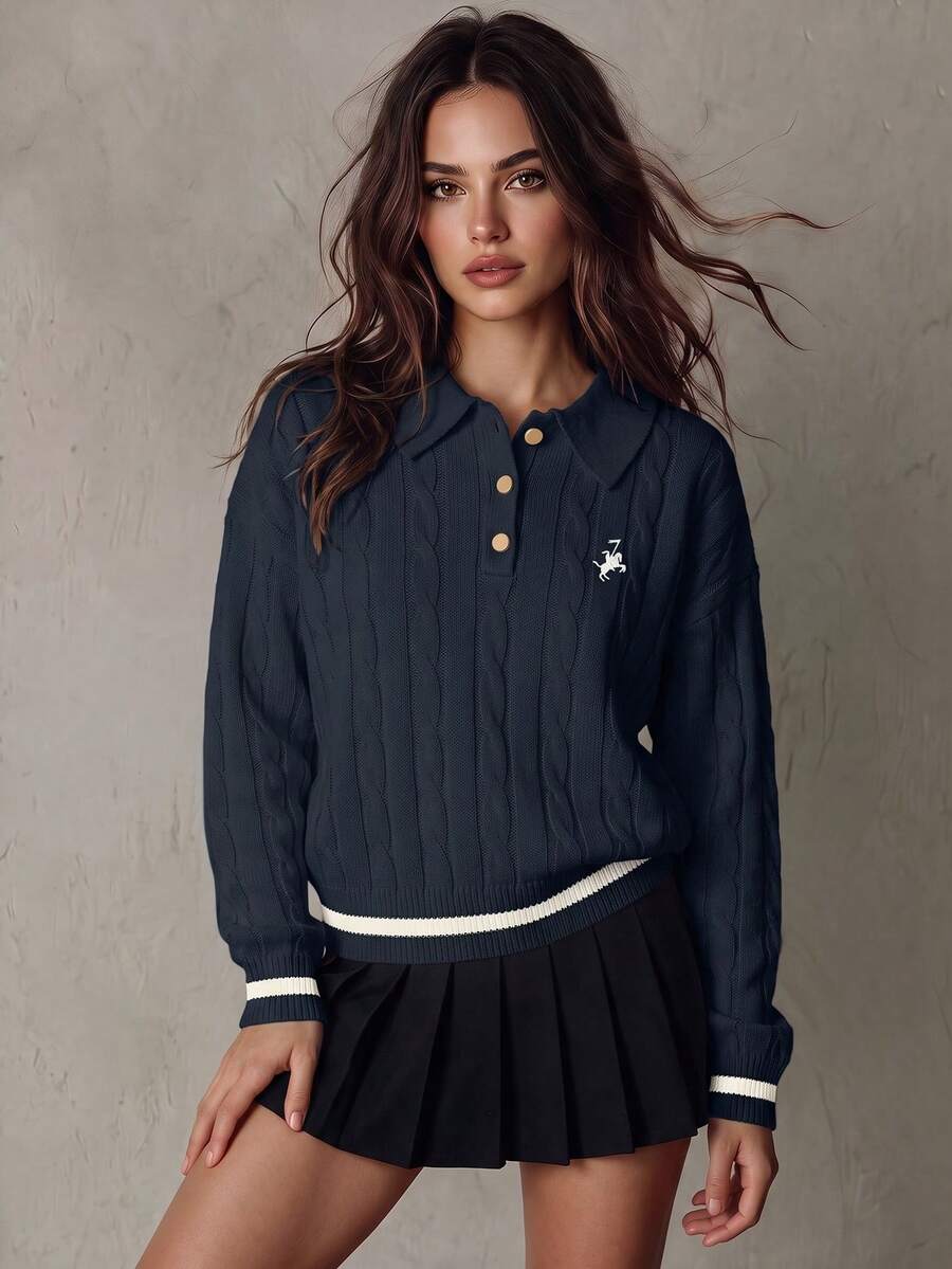 Franclia 撞色边简约长袖刺绣马头Polo领针织毛衣 - 藏蓝色 - 查看 1