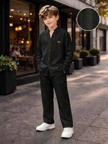 SHEIN 2件組兒童青少年男孩休閒日常印花立領鈕扣式寬鬆長袖黑色襯衫與直筒黑色長褲套裝，春夏秋冬四季適用 - 黑色 - 查看 1