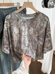 Comfortcana Summer Snow Wash Plus Size Short Sleeve T-Shirt Vacation Brown - Multicolor - View 12