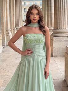 Poshira Women's Halter Neck Chiffon Maxi Dress With Beaded Bust And Flowy Hem, Suitable For Formal Occasions Floral Sequin Ribbon Design Strapless Elegant - Green - View 6