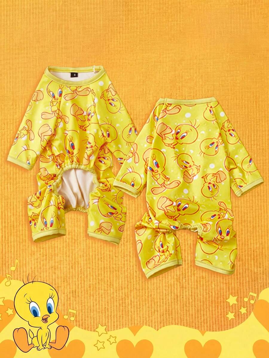 LOONEY TUNES X PETSIN 1件可愛黃色小鳥卡通印花四足寵物連身衣,彈性舒適,適用於貓狗,適合室內休息或公園玩耍 - 黃色 - 查看 1