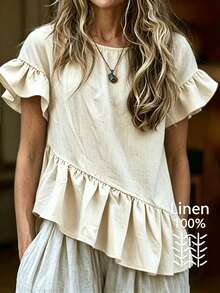EMERY ROSE Apricot Casual Solid Color Ruffle Hem Blouse For Middle-Aged, Spring/Summer - Apricot - View 5