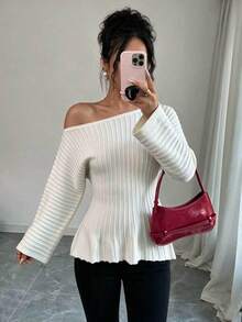 SHEIN Women's Elegant Asymmetrical Shoulder Waist-Cinching A-Line Pullover Sweater - Beige - View 5