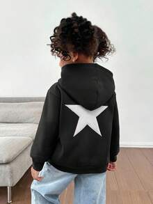 SHEIN 女童針織對比色星星圖案連帽寬鬆休閒衛衣 - 黑色 - 查看 9