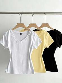 SHEIN EZwear 3件組女款夏季V領修身T恤，龐克次文化動漫純色基礎款V領短袖修身T恤 - 彩色 - 查看 3